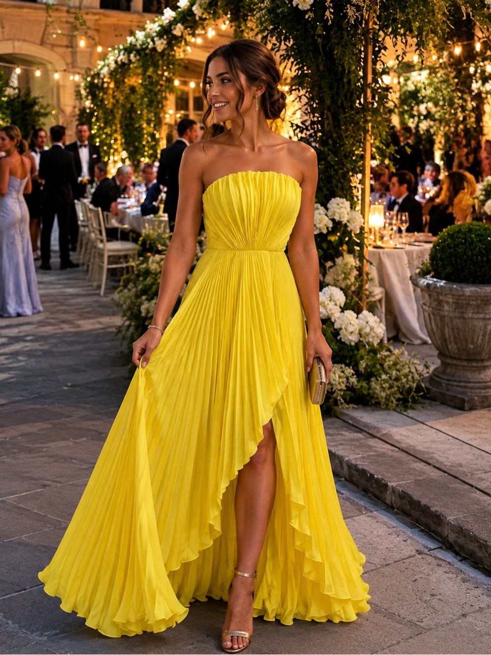 Yellow Pleated Strapless Maxi Dress Tie Back Formal Wedding Guest Gown